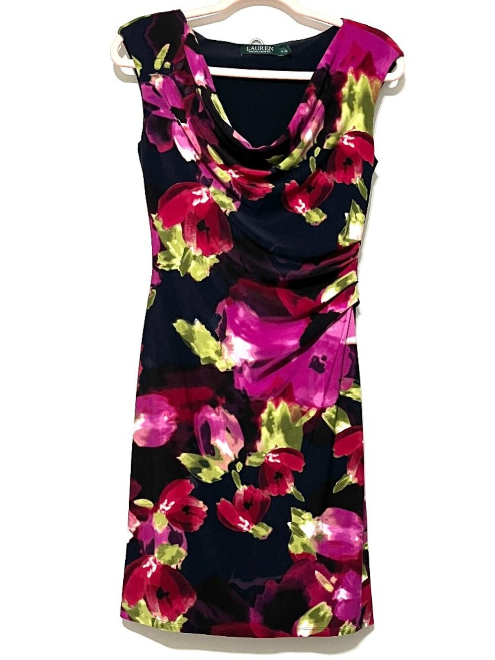 LRL Ralph Lauren Ruched Cowl Dress 4 Dark Floral 90s Elegant Party Cocktail